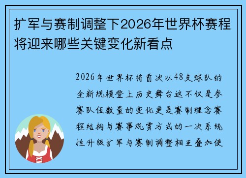 扩军与赛制调整下2026年世界杯赛程将迎来哪些关键变化新看点